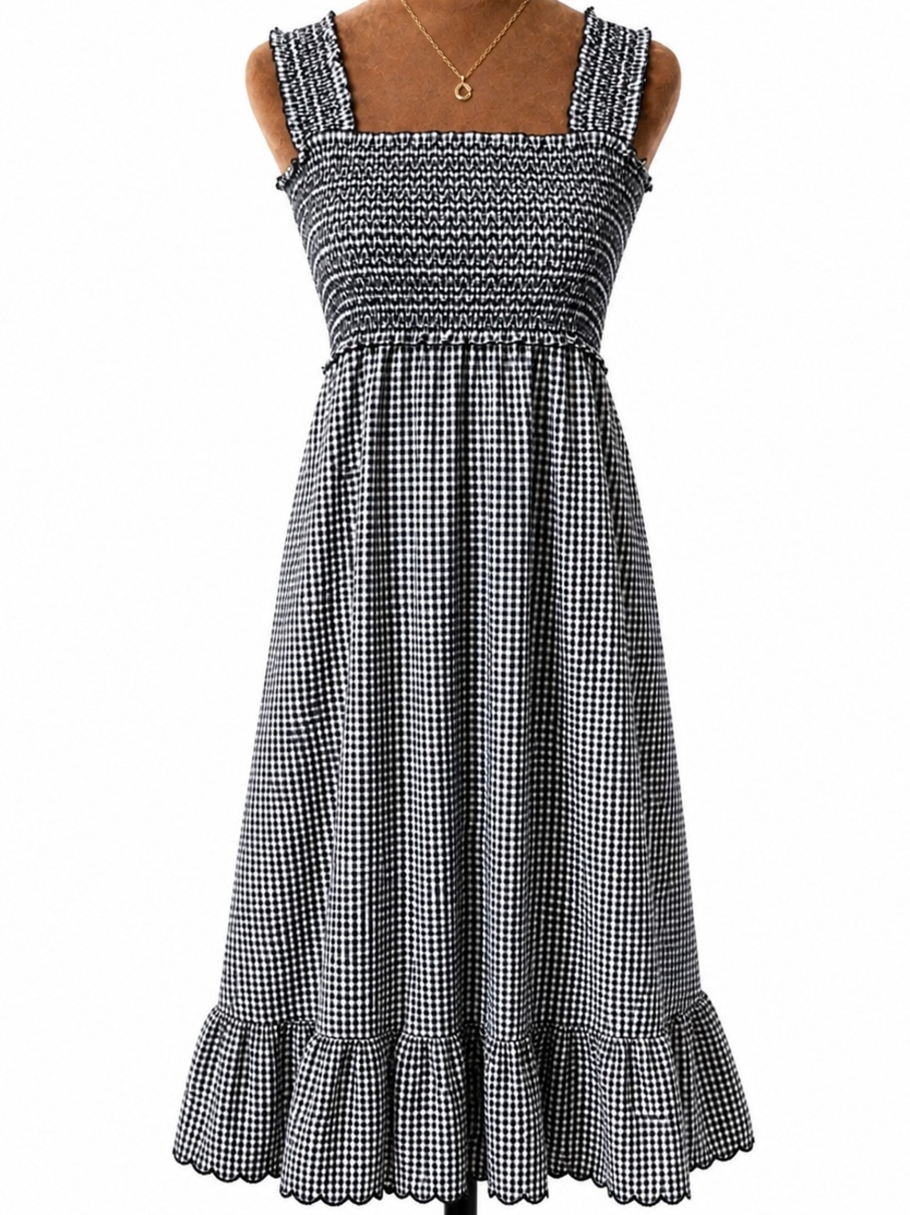 Rails Rumi Gingham Smocked Midi Dress Black White Ruffle XS Cottagecore